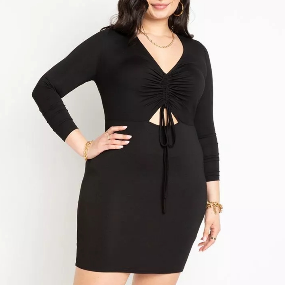 Eloquii bodycon mini dress cutout detail ruched long sleeves black 16 NWT